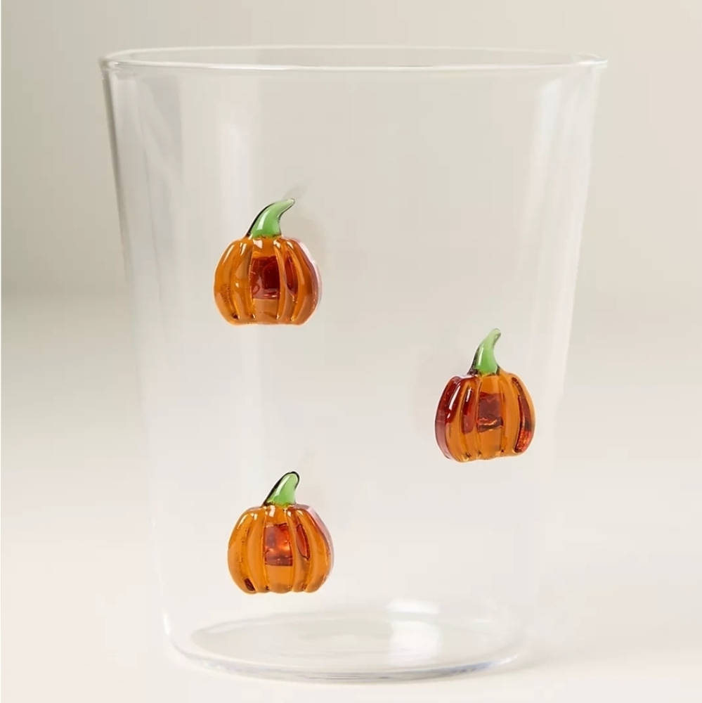 Anthropologie Clear Glass Juice Glass/Tumbler with 3D Orange Pumpkin Accents